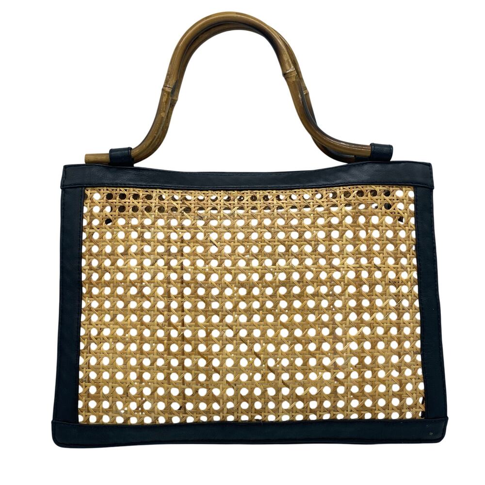 Sarah Stewart Black Brown Reece Woven Handbag Retro Leather Bamboo Resort
